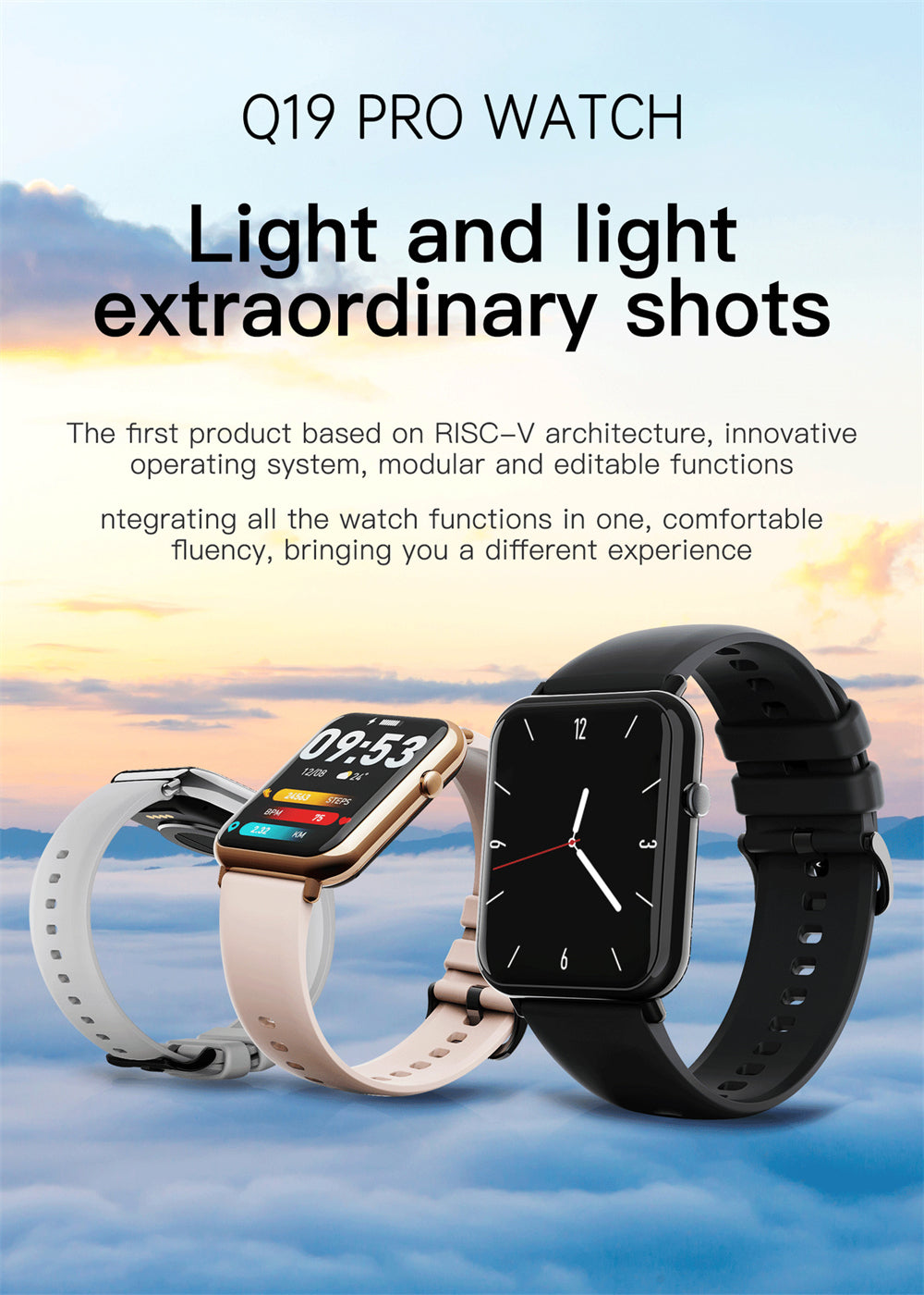 Smart waterproof watch with light features displayed on scenic background.