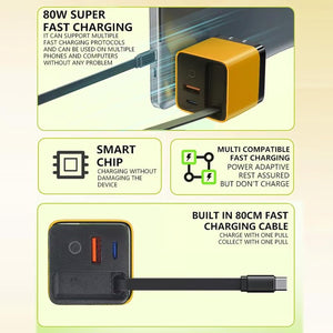 3 in 1 Gan Charger,Scalable 80W Max Fast Charger Module with Type C Cable and 2 USB Ports, Retractable Spiritukal 80 Watt Charging, Wall Plug with 31.5 Inch Cable for Iphone (2*Green)