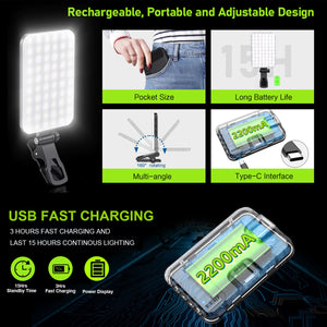 LED Selfie Light 60 High Power Rechargeable Clip Fill Video Light for Phone Ipad with Front & Back Clip Adjusted 3 Light Modes