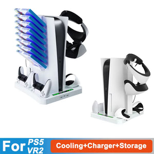For PS VR2 Handle Charger Dock PS5 Multi-Function Cooling Station Stand Base for PS5 Host Game Disc CD VR Helmet Storage Holder
