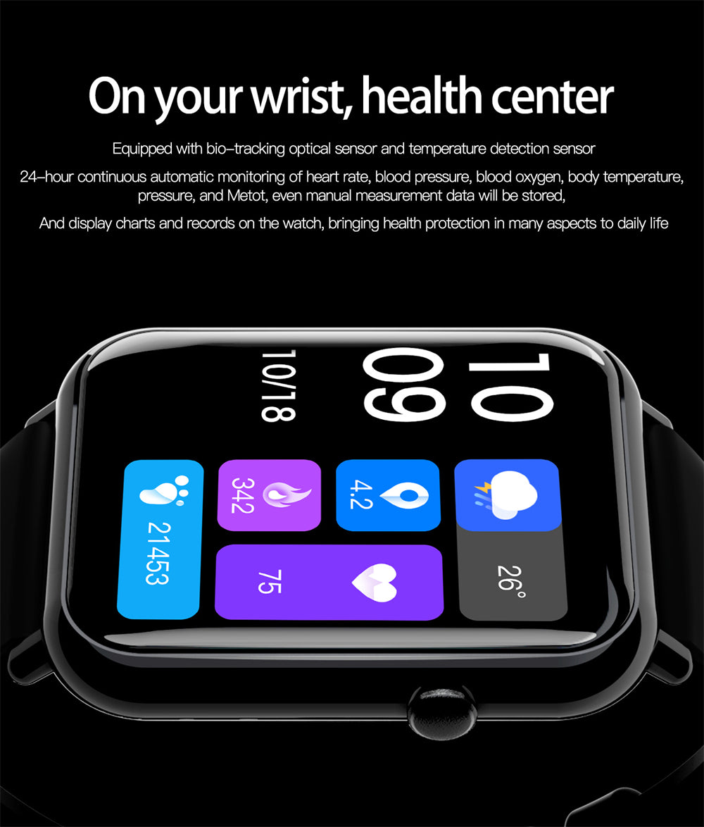 Smart waterproof watch displaying health monitoring features and fitness metrics on a sleek digital interface.