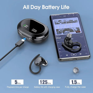 2025 New Ultralight Bluetooth Headphones 125Hrs Wireless Earbuds with Display Charger Case over Ear Bud with Earhooks,Noise Cancelling Mic,Waterproof Deep Bass Headset for Workout,Black