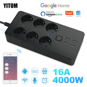 Smart Wifi Power Strip 3/4/6 EU 4USB Charging Port Timing With5V3.1A.Bluetooth Control Alexa Google Home Assistant