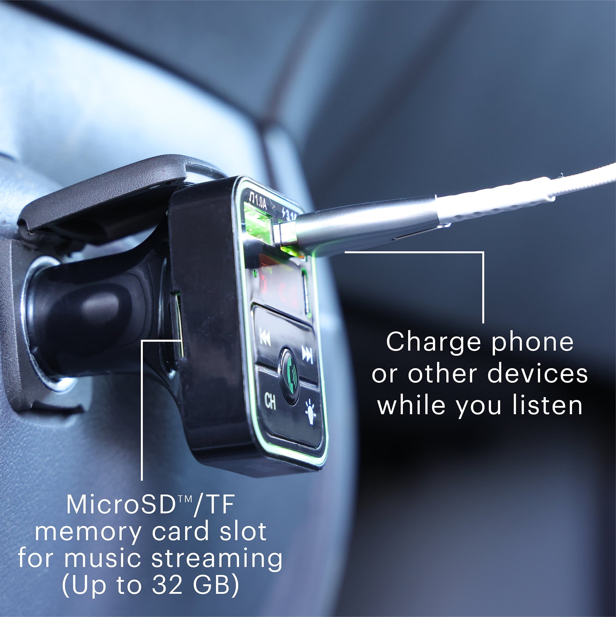 . Bluetooth FM Car Charger with LCD Screen, Type C, Wirelessly Stream Calls and Music
