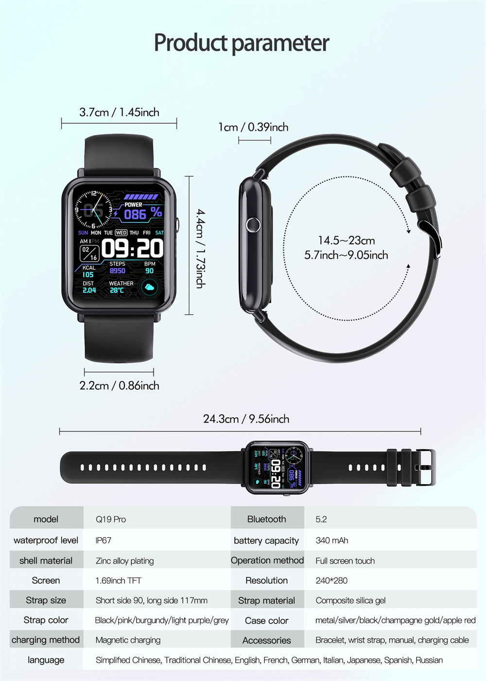 Smart waterproof watch with detailed product parameters including size, battery capacity, and display features.