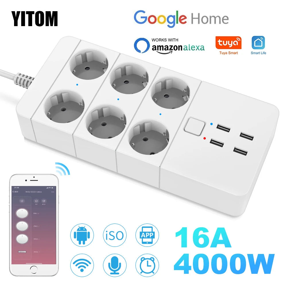 Smart Wifi Power Strip 3/4/6 EU 4USB Charging Port Timing With5V3.1A.Bluetooth Control Alexa Google Home Assistant
