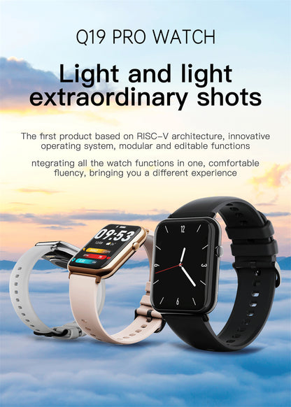 Smart waterproof watch with light features displayed on scenic background.
