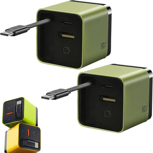 3 in 1 Gan Charger,Scalable 80W Max Fast Charger Module with Type C Cable and 2 USB Ports, Retractable Spiritukal 80 Watt Charging, Wall Plug with 31.5 Inch Cable for Iphone (2*Green)