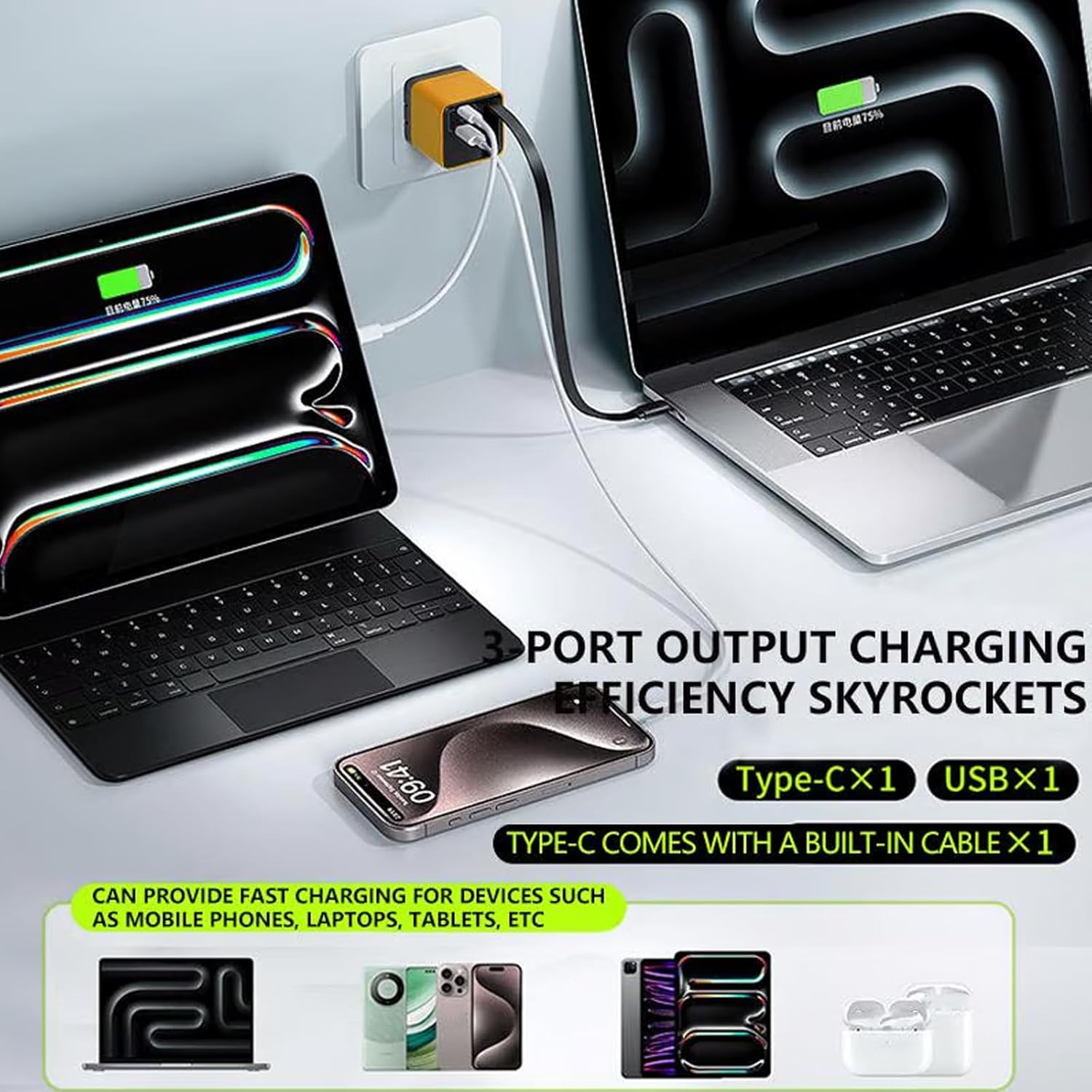 3 in 1 Gan Charger,Scalable 80W Max Fast Charger Module with Type C Cable and 2 USB Ports, Retractable Spiritukal 80 Watt Charging, Wall Plug with 31.5 Inch Cable for Iphone (2*Green)