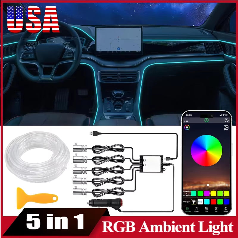 Interior Car LED Strip Lights with APP Control RGB 5 in 1 Ambient Lighting Kits Colorful Auto Atmosphere Decorative LED Lamps