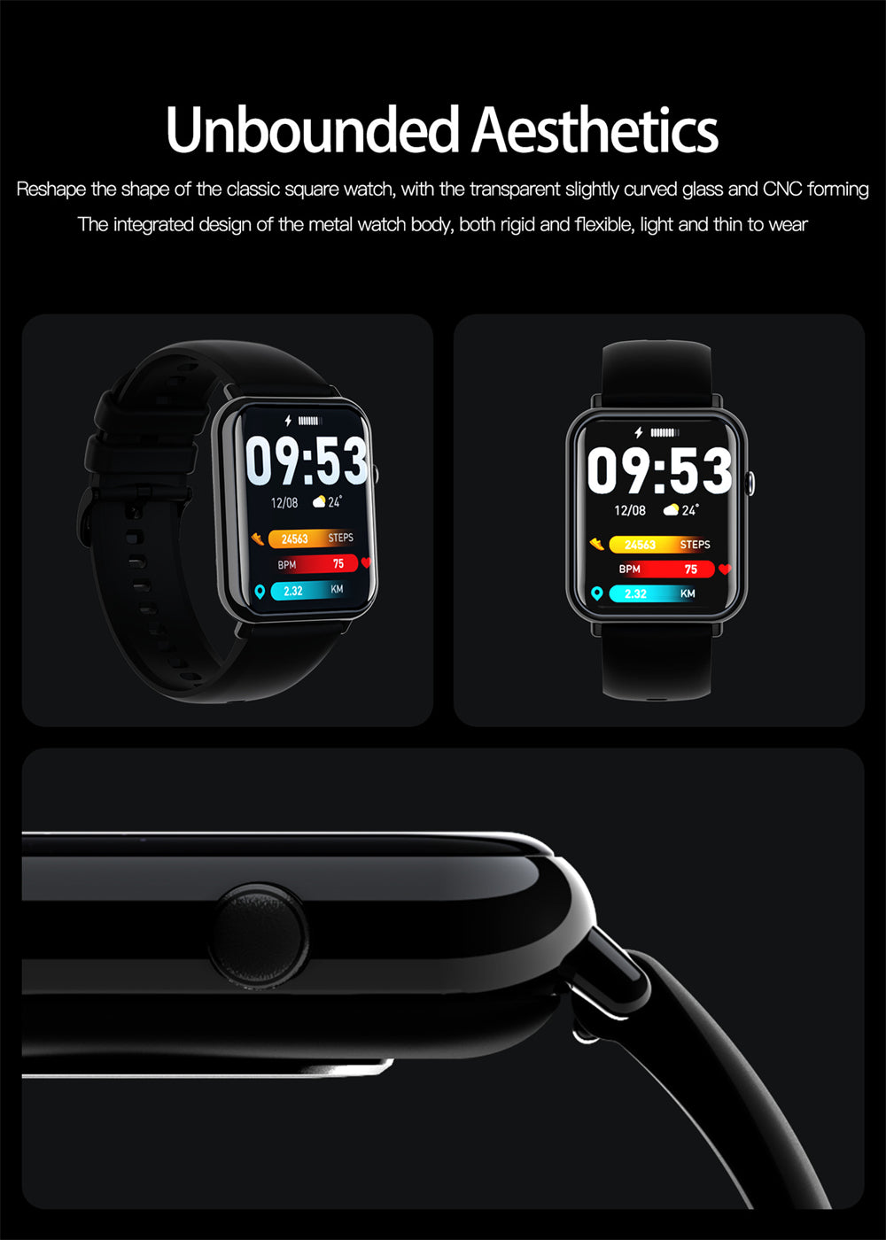 Smart waterproof watch showcasing its sleek design and multifunctional features on a black background.