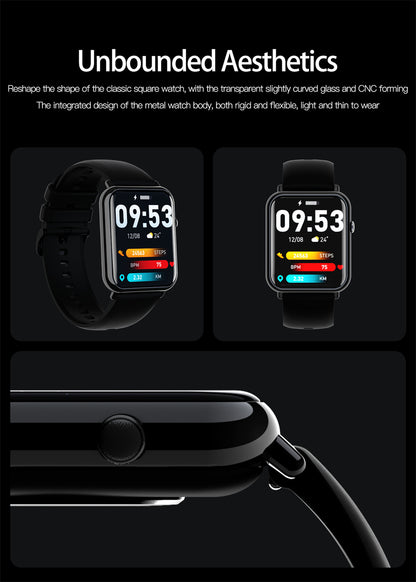 Smart waterproof watch showcasing its sleek design and multifunctional features on a black background.