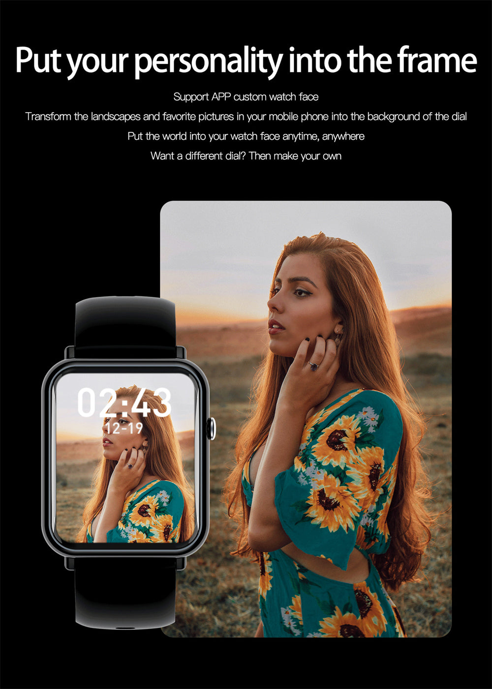 Smart waterproof watch displaying a customizable watch face with a woman in a green floral dress in the background.