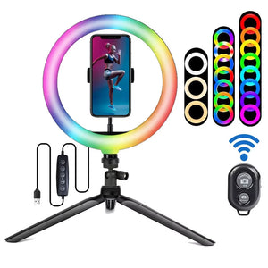 26CM RGB Fill Photography Lighting Phone Ringlight Tripod Stand Photo Led Selfie Remote Control Ring Light Lamp Youtube Live