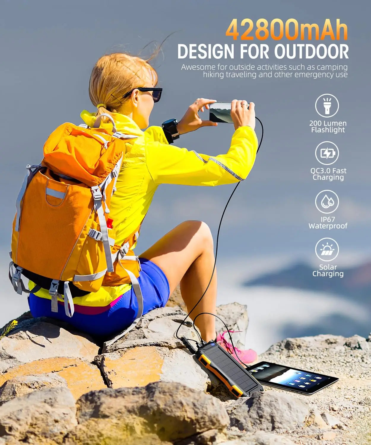 Portable Power Bank for Outdoor Activities Solar Charger, Power Bank, Portable Charger Power Bank External Battery Pack 5V3.1A Q