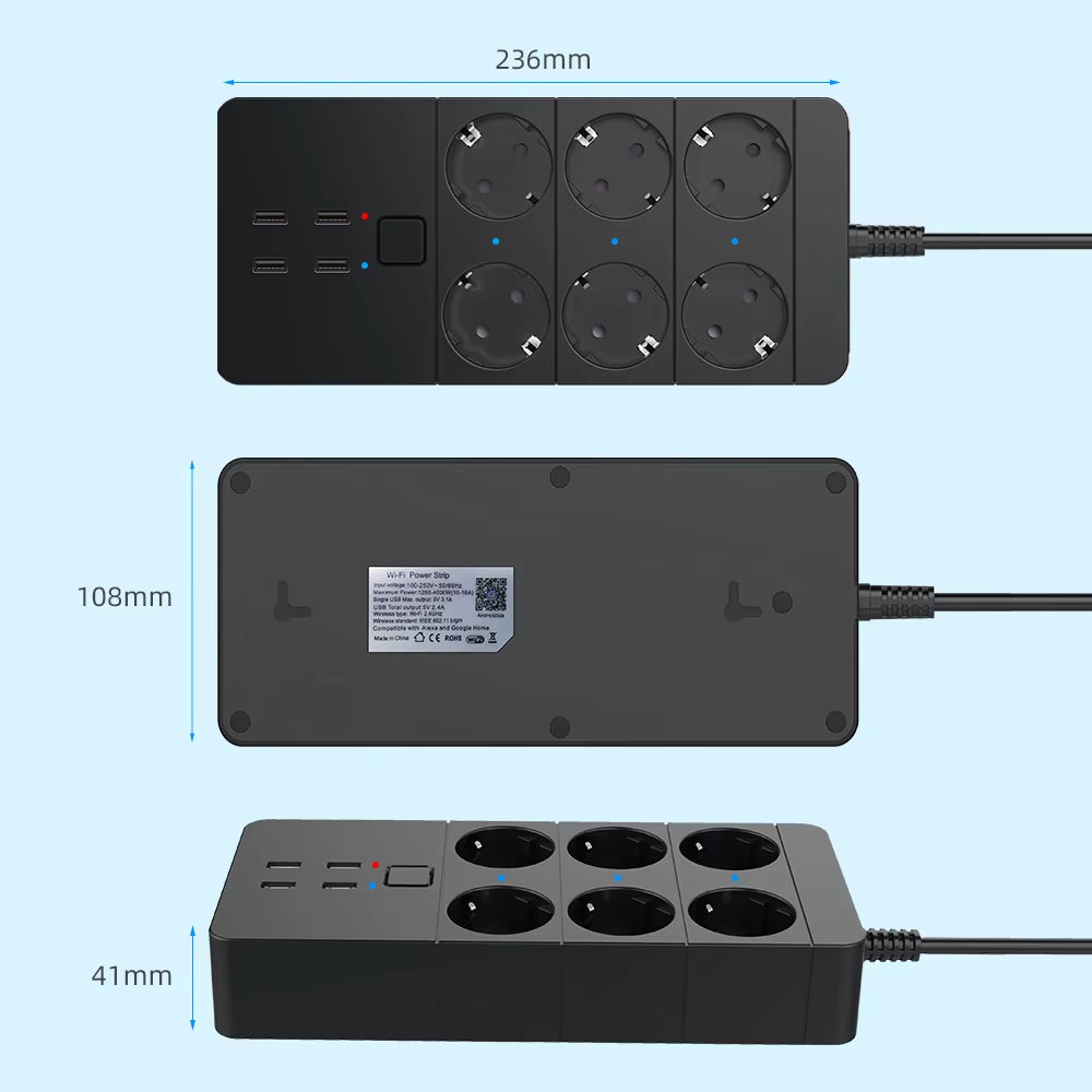 Smart Wifi Power Strip 4/6 EU 4USB Outlets Plug 5V3.1A Charging Port Timing Bluetooth Control with Alexa Googlehome Assistant