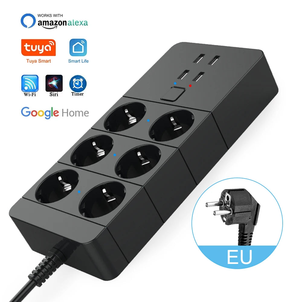 Smart Wifi Power Strip 3/4/6 EU 4USB Charging Port Timing With5V3.1A.Bluetooth Control Alexa Google Home Assistant