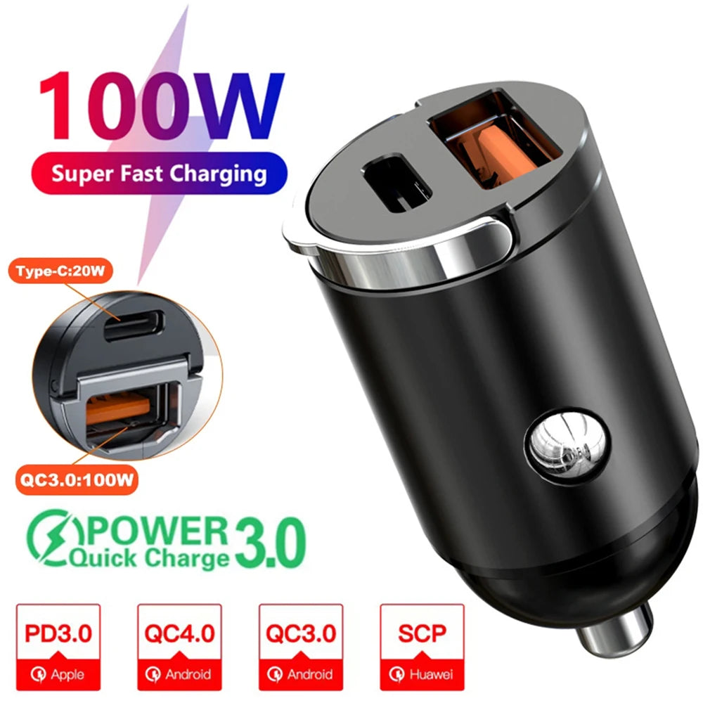 Car 100-200W Dual Port Mini USB Charger Ultra Fast Charging Cigarette Lighter Socket 12-24V Aluminum Cell Phone Charging Adapter