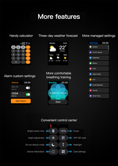 Image showcasing features of a Smart waterproof watch including calculator, weather forecast, alarms, and control center.